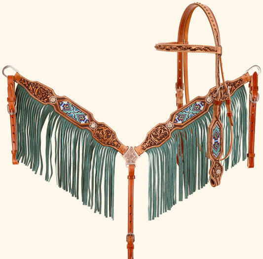 Showman Beaded Browband Headstall and Breastcollar Set with Turquoise Fringe