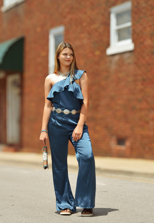 Savanna Satin Teal Jumpsuit