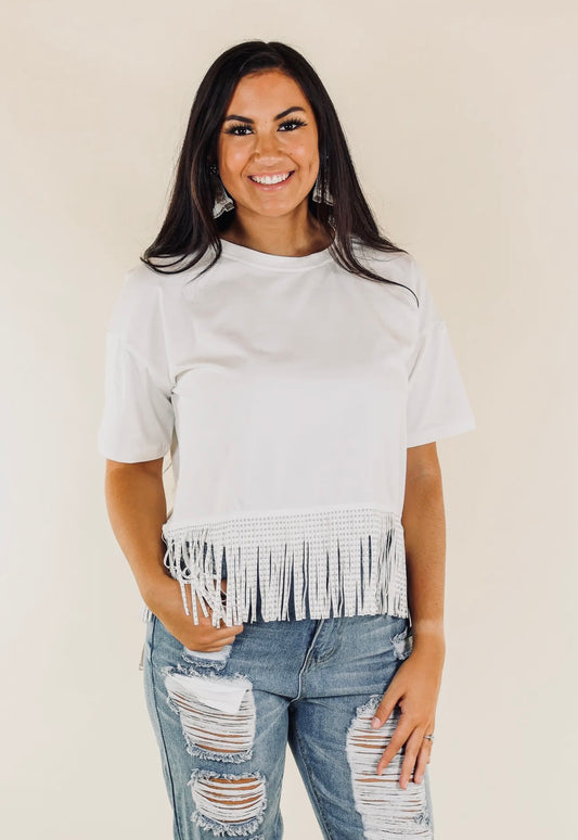 Kelly Plus White Fringe Tee with Stud Stones