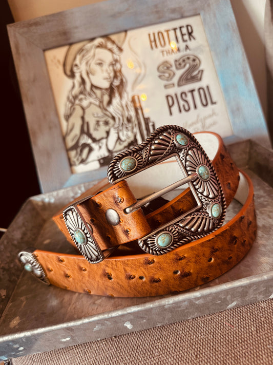 Turquoise and Brown Ostrich Belt