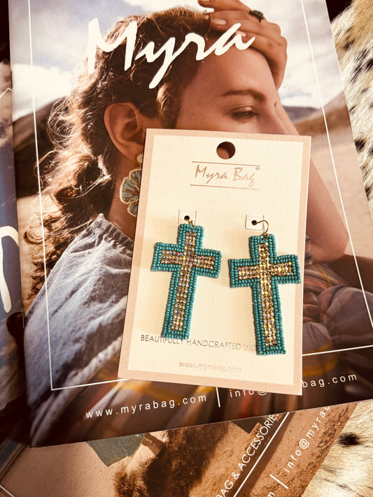 Myra Beaded Cross Dangle Earrings in Teal