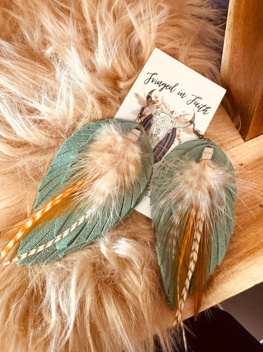 Fringed in Faith Suede Sage and Feather Earrings