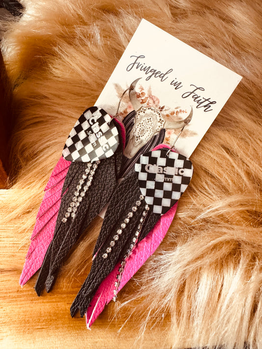 Fringed in Faith Guitar Pink and Black Suede Earrings
