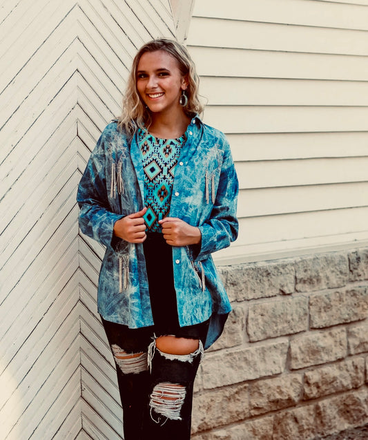 Tie Dye Sky Pearl Snap Button Up