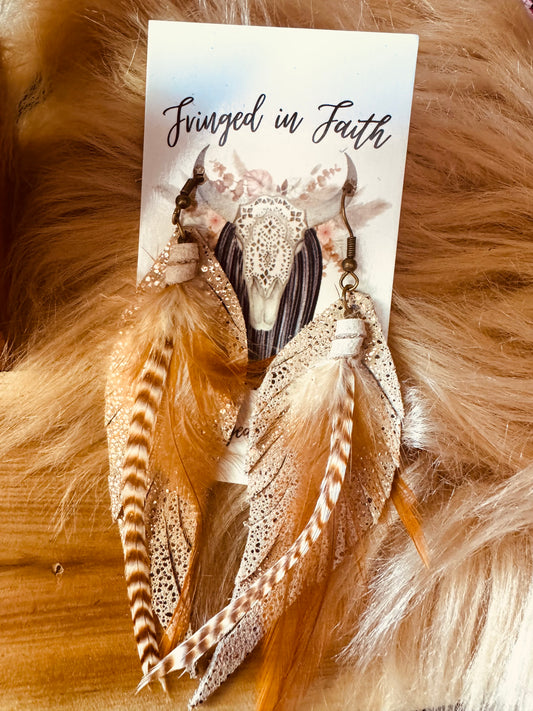 Fringed in Faith Khaki Feather Earrings
