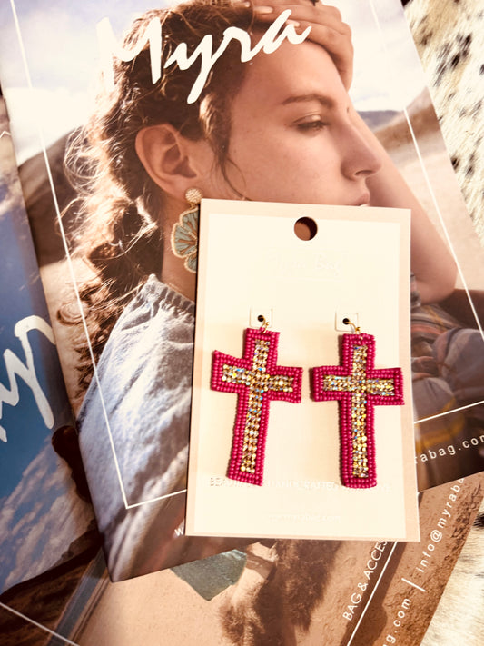Myra Beaded Cross Dangle Earrings in Magenta